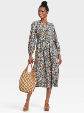 Universal Thread Boho Floral Button Front Midi Dress Balloon Long Sleeves Medium